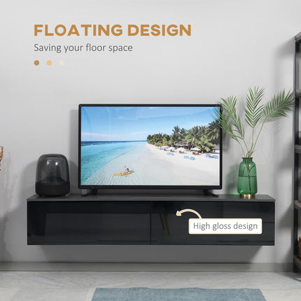 Floating TV Unit Stand for TVs up to 70" with High Gloss Doors and Storage Cupboards - Grey and Black