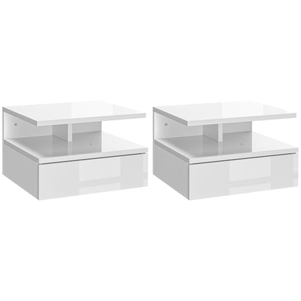 Set of 2 Floating High Gloss Bedside Tables with Storage - White