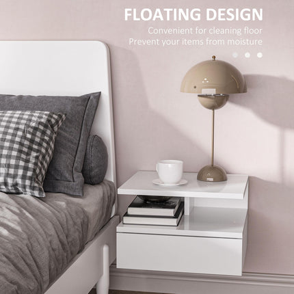 Set of 2 Floating High Gloss Bedside Tables with Storage - White