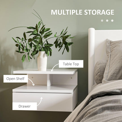 Set of 2 Floating High Gloss Bedside Tables with Storage - White