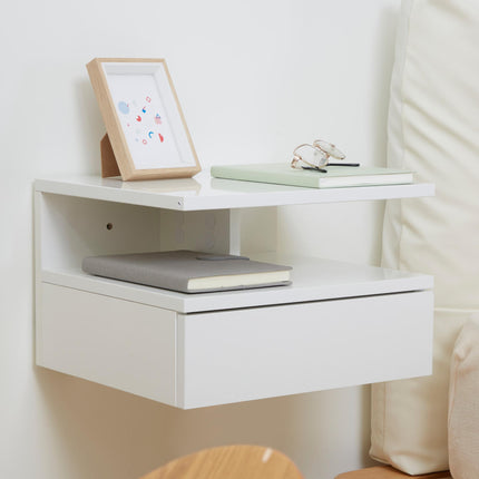 Set of 2 Floating High Gloss Bedside Tables with Storage - White