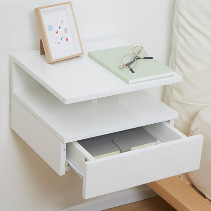 Set of 2 Floating High Gloss Bedside Tables with Storage - White