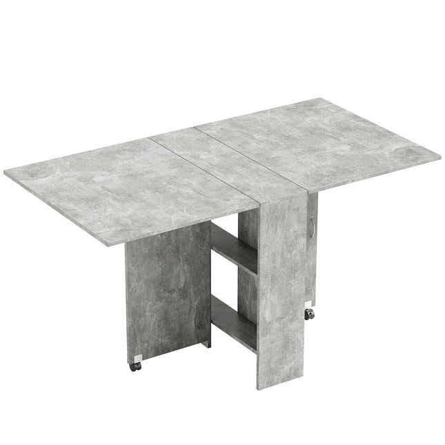 Folding Drop Leaf Dining Table with 2-Tier Shelves and Rolling Casters - Cement Grey