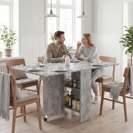 Folding Drop Leaf Dining Table with 2-Tier Shelves and Rolling Casters - Cement Grey