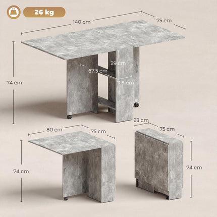 Folding Drop Leaf Dining Table with 2-Tier Shelves and Rolling Casters - Cement Grey