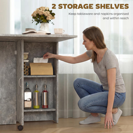 Folding Drop Leaf Dining Table with 2-Tier Shelves and Rolling Casters - Cement Grey
