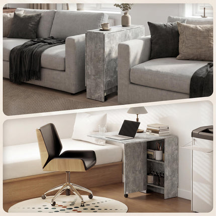 Folding Drop Leaf Dining Table with 2-Tier Shelves and Rolling Casters - Cement Grey