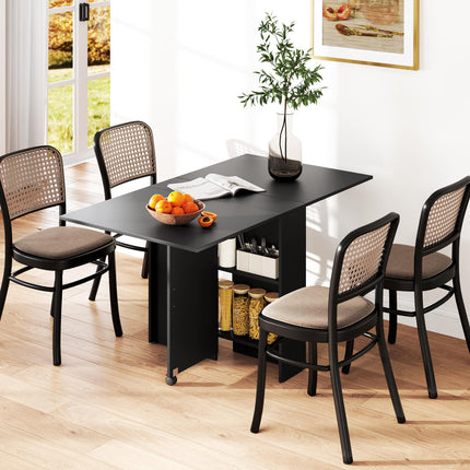 Foldable Extendable Drop Leaf Dining Table with 2-Tier Shelves and Rolling Casters - Black