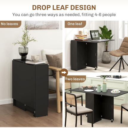 Foldable Extendable Drop Leaf Dining Table with 2-Tier Shelves and Rolling Casters - Black