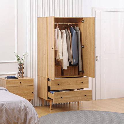 Wardrobe with 2 Doors, 2 Drawers & Hanging Rail 80x52x180cm - Natural Tone