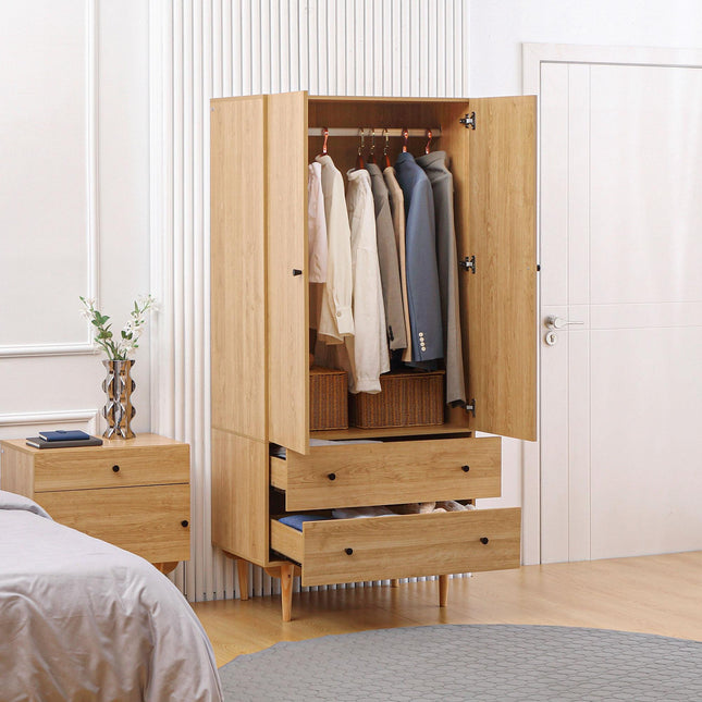 Wardrobe with 2 Doors, 2 Drawers & Hanging Rail 80x52x180cm - Natural Tone