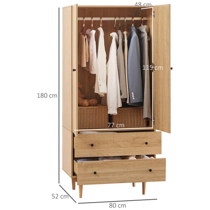 Wardrobe with 2 Doors, 2 Drawers & Hanging Rail 80x52x180cm - Natural Tone
