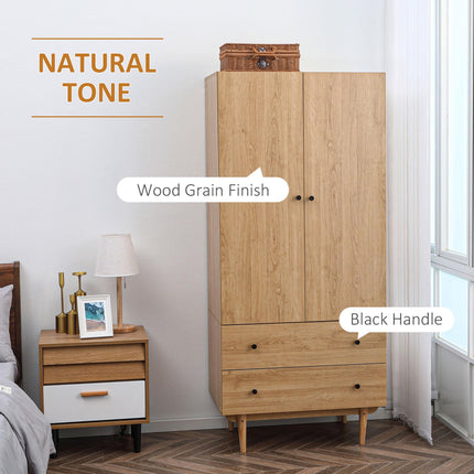 Wardrobe with 2 Doors, 2 Drawers & Hanging Rail 80x52x180cm - Natural Tone