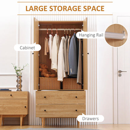 Wardrobe with 2 Doors, 2 Drawers & Hanging Rail 80x52x180cm - Natural Tone