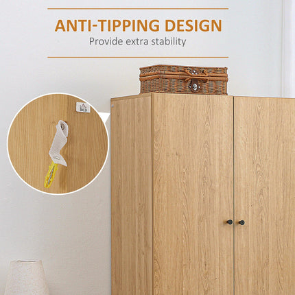Wardrobe with 2 Doors, 2 Drawers & Hanging Rail 80x52x180cm - Natural Tone