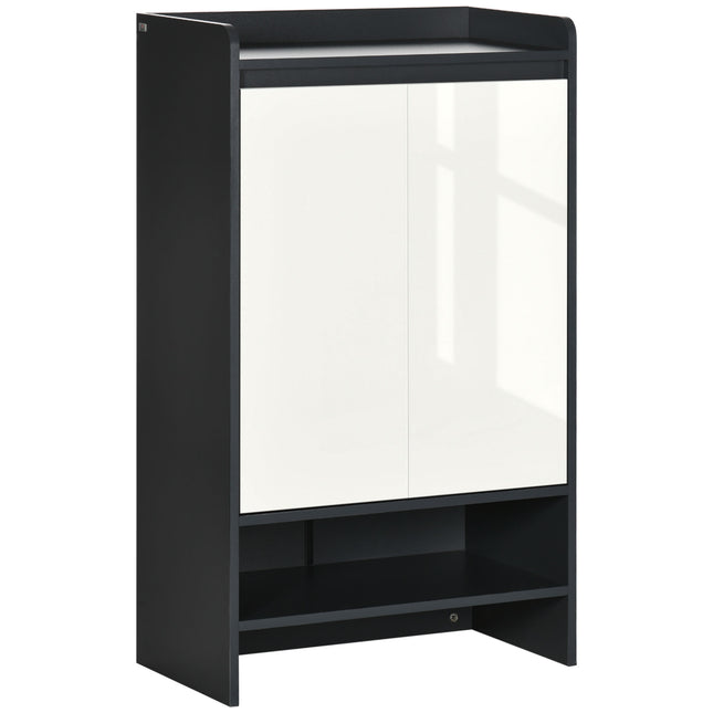 Modern Shoe Cabinet with High Gloss White Doors and Open Shelves for 15 Pairs - Grey