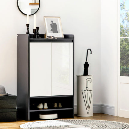 Modern Shoe Cabinet with High Gloss White Doors and Open Shelves for 15 Pairs - Grey
