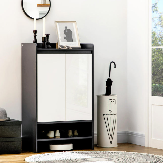 Modern Shoe Cabinet with High Gloss White Doors and Open Shelves for 15 Pairs - Grey