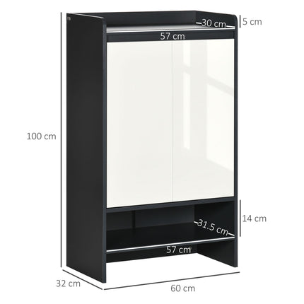 Modern Shoe Cabinet with High Gloss White Doors and Open Shelves for 15 Pairs - Grey