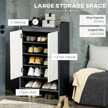Modern Shoe Cabinet with High Gloss White Doors and Open Shelves for 15 Pairs - Grey
