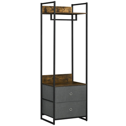 Clothes Rail Metal Coat Stand with 2 Fabric Drawers Single Wardrobe - Rustic Brown Grey