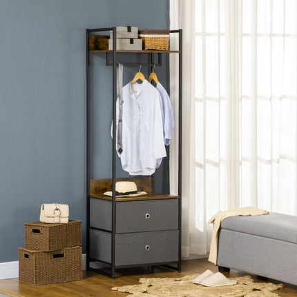 Clothes Rail Metal Coat Stand with 2 Fabric Drawers Single Wardrobe - Rustic Brown Grey