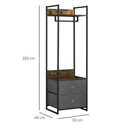 Clothes Rail Metal Coat Stand with 2 Fabric Drawers Single Wardrobe - Rustic Brown Grey
