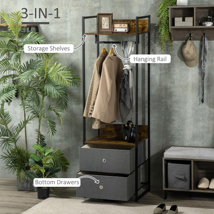 Clothes Rail Metal Coat Stand with 2 Fabric Drawers Single Wardrobe - Rustic Brown Grey