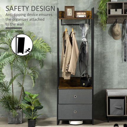 Clothes Rail Metal Coat Stand with 2 Fabric Drawers Single Wardrobe - Rustic Brown Grey
