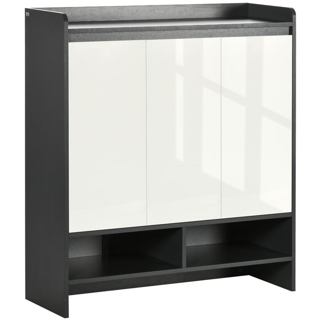 High Gloss Shoe Cabinet with White Doors and Open Shelves for 24 Pairs - Grey