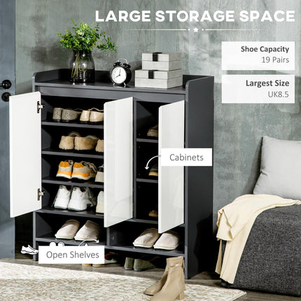 High Gloss Shoe Cabinet with White Doors and Open Shelves for 24 Pairs - Grey