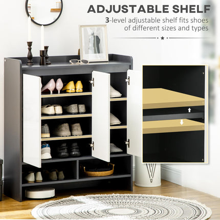 High Gloss Shoe Cabinet with White Doors and Open Shelves for 24 Pairs - Grey