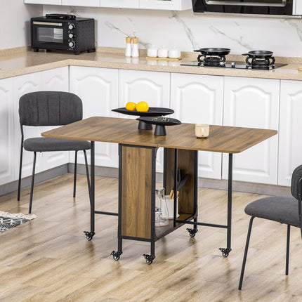 Six-Person Drop Leaf Dining Table with Wheels and Shelf - Brown/Black