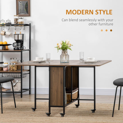 Six-Person Drop Leaf Dining Table with Wheels and Shelf - Brown/Black