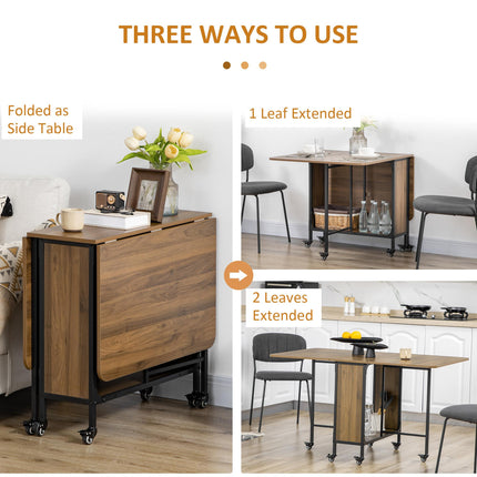 Six-Person Drop Leaf Dining Table with Wheels and Shelf - Brown/Black