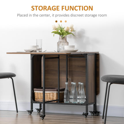 Six-Person Drop Leaf Dining Table with Wheels and Shelf - Brown/Black