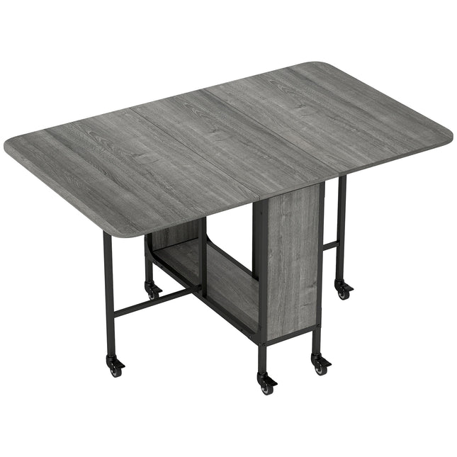 Mobile Folding Drop Leaf Dining Table with Storage Shelf & 6 Wheels for Small Spaces - Grey Wood Effect