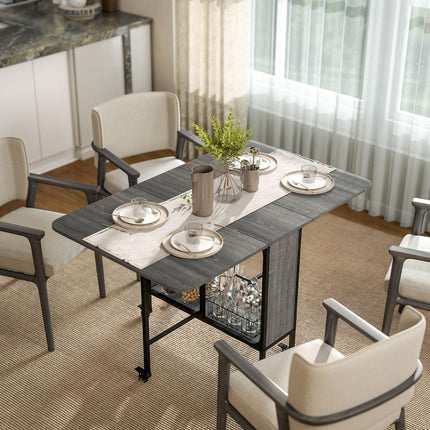 Mobile Folding Drop Leaf Dining Table with Storage Shelf & 6 Wheels for Small Spaces - Grey Wood Effect