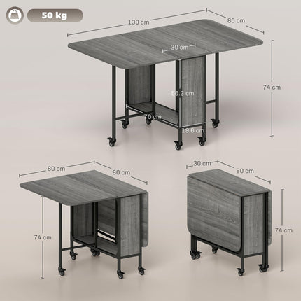 Mobile Folding Drop Leaf Dining Table with Storage Shelf & 6 Wheels for Small Spaces - Grey Wood Effect