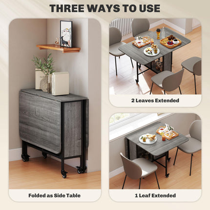 Mobile Folding Drop Leaf Dining Table with Storage Shelf & 6 Wheels for Small Spaces - Grey Wood Effect