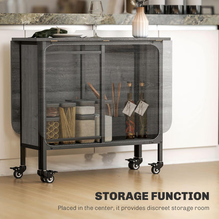 Mobile Folding Drop Leaf Dining Table with Storage Shelf & 6 Wheels for Small Spaces - Grey Wood Effect