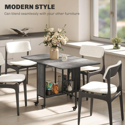 Mobile Folding Drop Leaf Dining Table with Storage Shelf & 6 Wheels for Small Spaces - Grey Wood Effect