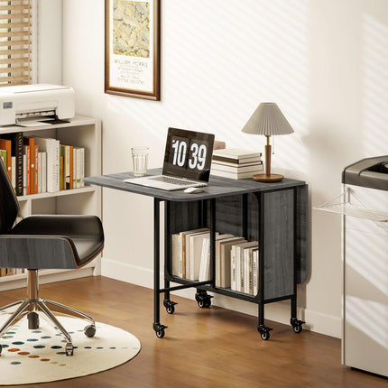 Mobile Folding Drop Leaf Dining Table with Storage Shelf & 6 Wheels for Small Spaces - Grey Wood Effect