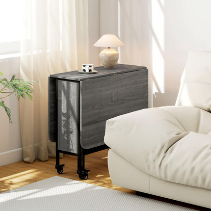 Mobile Folding Drop Leaf Dining Table with Storage Shelf & 6 Wheels for Small Spaces - Grey Wood Effect