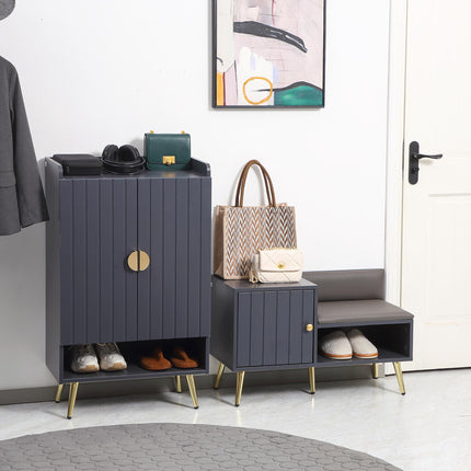 Shoe Bench with Storage Cabinet, Seating Cushion, Open Compartment & Table Top for Entryway - Grey