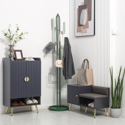 Shoe Bench with Storage Cabinet, Seating Cushion, Open Compartment & Table Top for Entryway - Grey