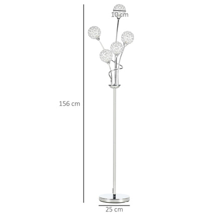 Modern Crystal 5-Light Upright Floor Lamp 156cm for Living Room Bedroom - Silver