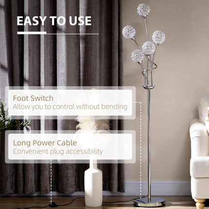 Modern Crystal 5-Light Upright Floor Lamp 156cm for Living Room Bedroom - Silver