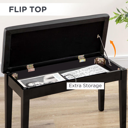 Classic Piano Bench with PU Leather Seat, Rubber Wood Legs & Storage Compartment - Black