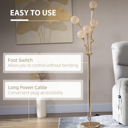 Modern Crystal 5-Light Upright Floor Lamp 156cm for Living Room Bedroom - Gold Tone